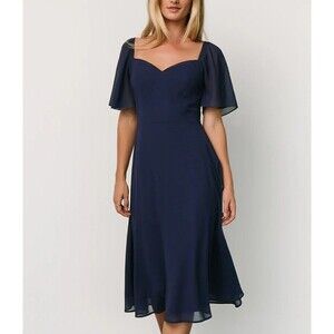 BALTICBORN Women Medium Dress Colette Sweetheart Midi Chiffon Smocked Navy NWT